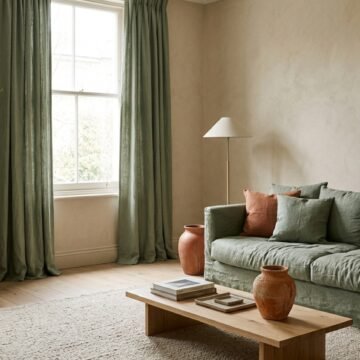 Living room in warm beige walls with a sage green sofa and small terracotta accents