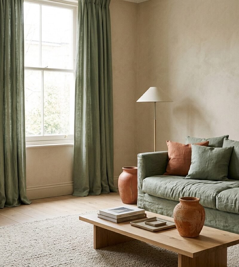Living room in warm beige walls with a sage green sofa and small terracotta accents