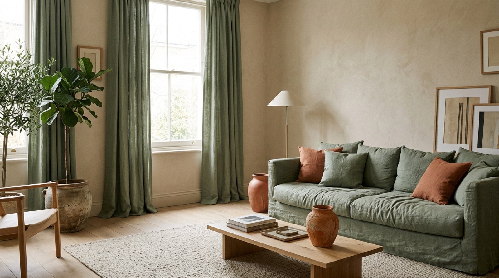Living room in warm beige walls with a sage green sofa and small terracotta accents