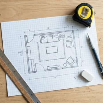 Hand-drawn floor plan on grid paper with a tape measure, pencil and ruler