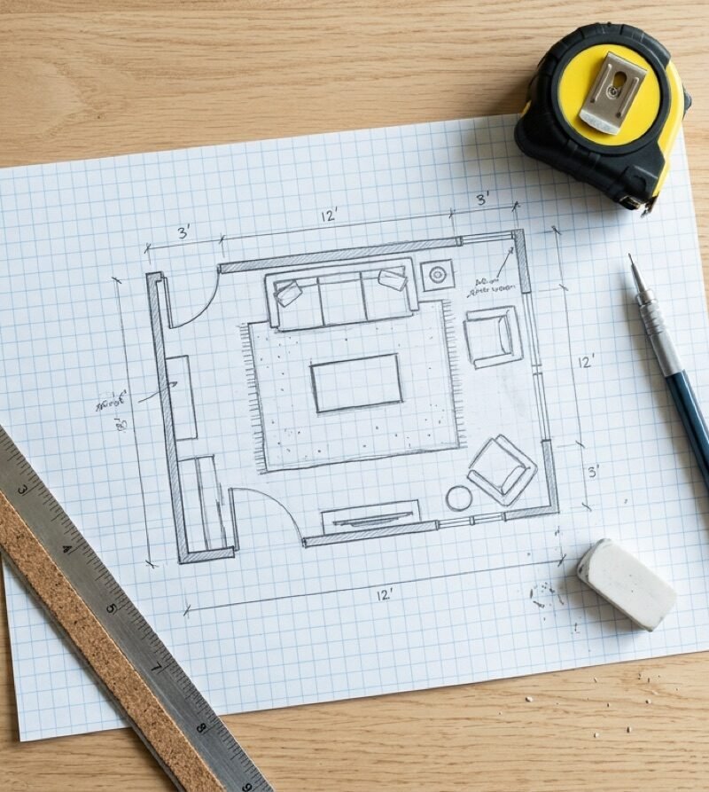 Hand-drawn floor plan on grid paper with a tape measure, pencil and ruler