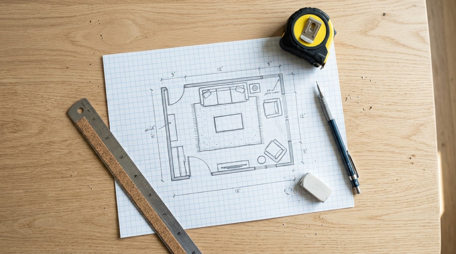 Hand-drawn floor plan on grid paper with a tape measure, pencil and ruler