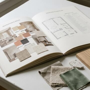 Open portfolio showing a mood board, a floor plan and material samples for a room design