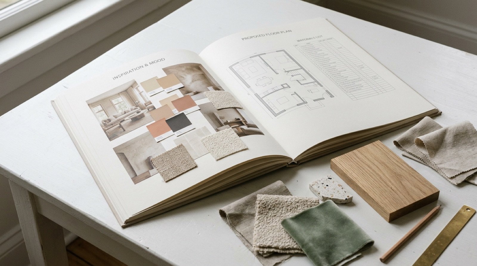 Open portfolio showing a mood board, a floor plan and material samples for a room design