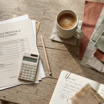 Designer's desk with a printed proposal, fabric swatches and a calculator