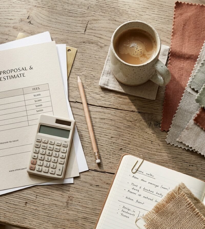 Designer's desk with a printed proposal, fabric swatches and a calculator