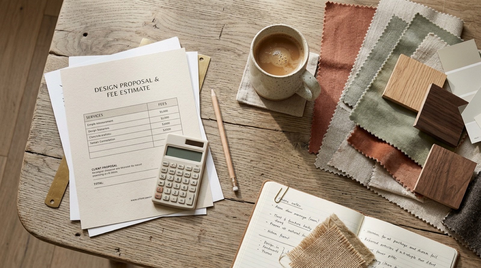 Designer's desk with a printed proposal, fabric swatches and a calculator