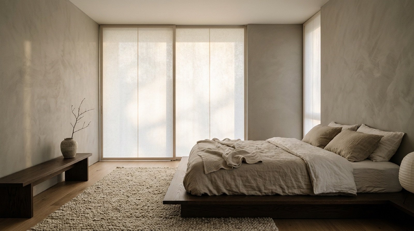 Calm Japandi bedroom with a low oak bed facing a large window in soft morning light