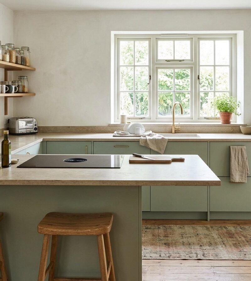 Bright kitchen with a long countertop, an island and a clear path between the sink, stove and fridge