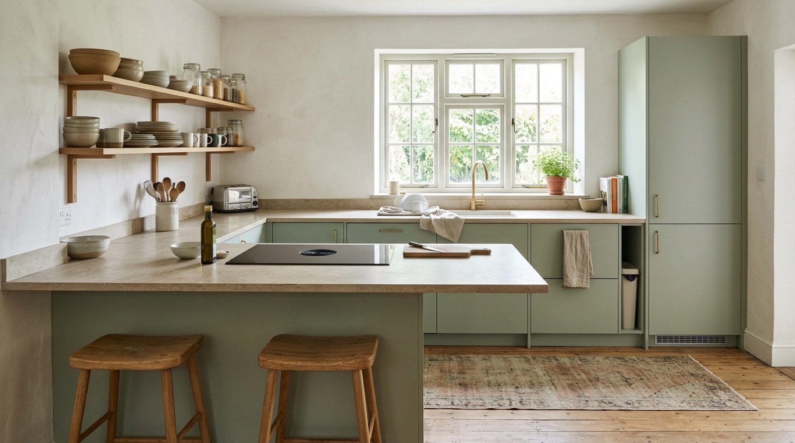 Bright kitchen with a long countertop, an island and a clear path between the sink, stove and fridge