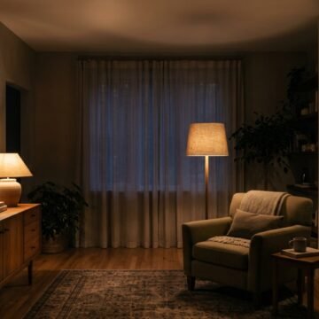 Living room in the evening lit by a floor lamp, a table lamp and a lit picture above a sideboard
