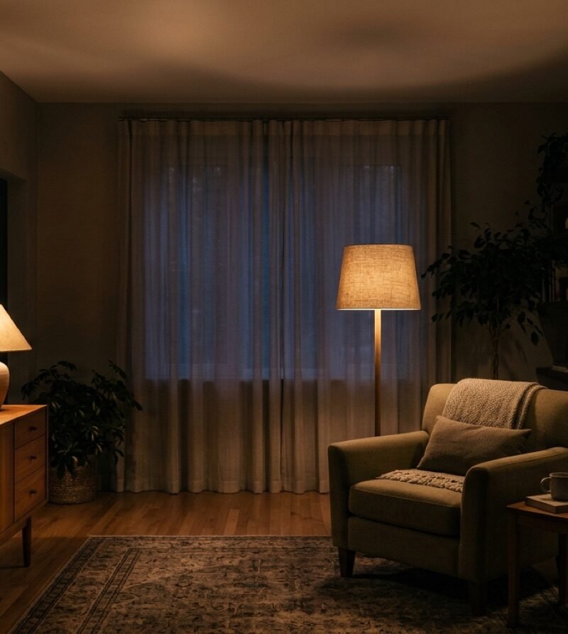 Living room in the evening lit by a floor lamp, a table lamp and a lit picture above a sideboard