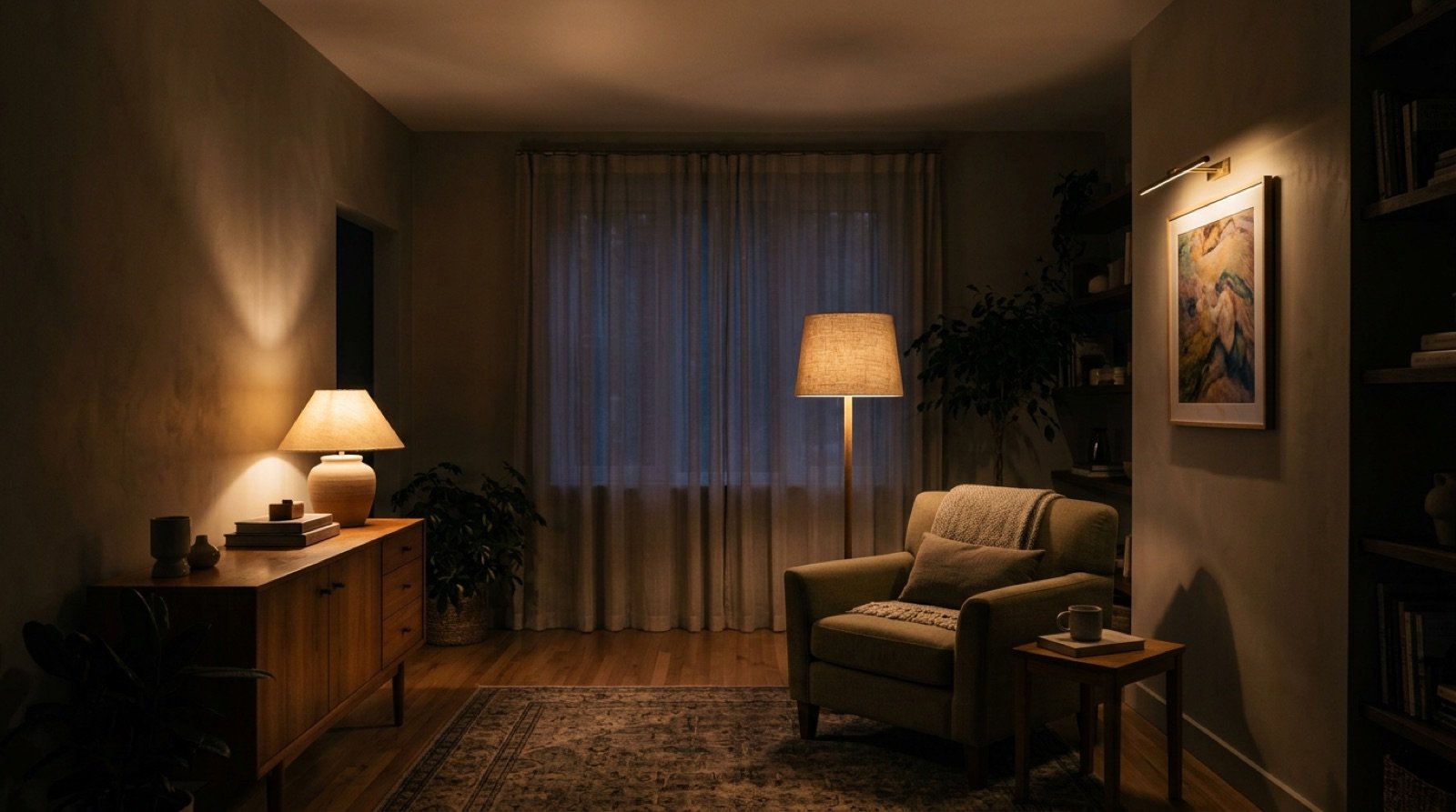 Living room in the evening lit by a floor lamp, a table lamp and a lit picture above a sideboard