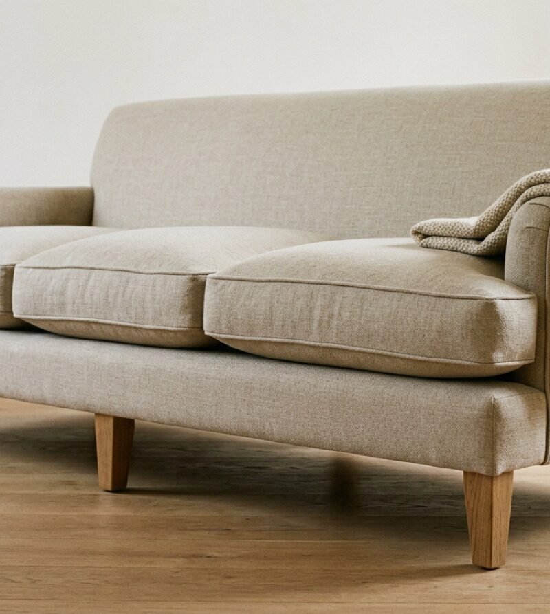 Close-up of a well-made linen sofa showing deep seat cushions and solid wooden legs