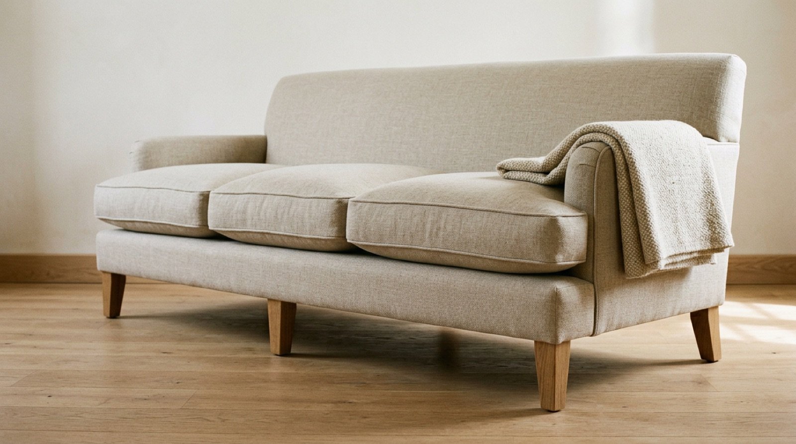 Close-up of a well-made linen sofa showing deep seat cushions and solid wooden legs
