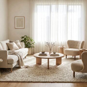 Living room with a sofa and two armchairs arranged around a large rug and a low coffee table