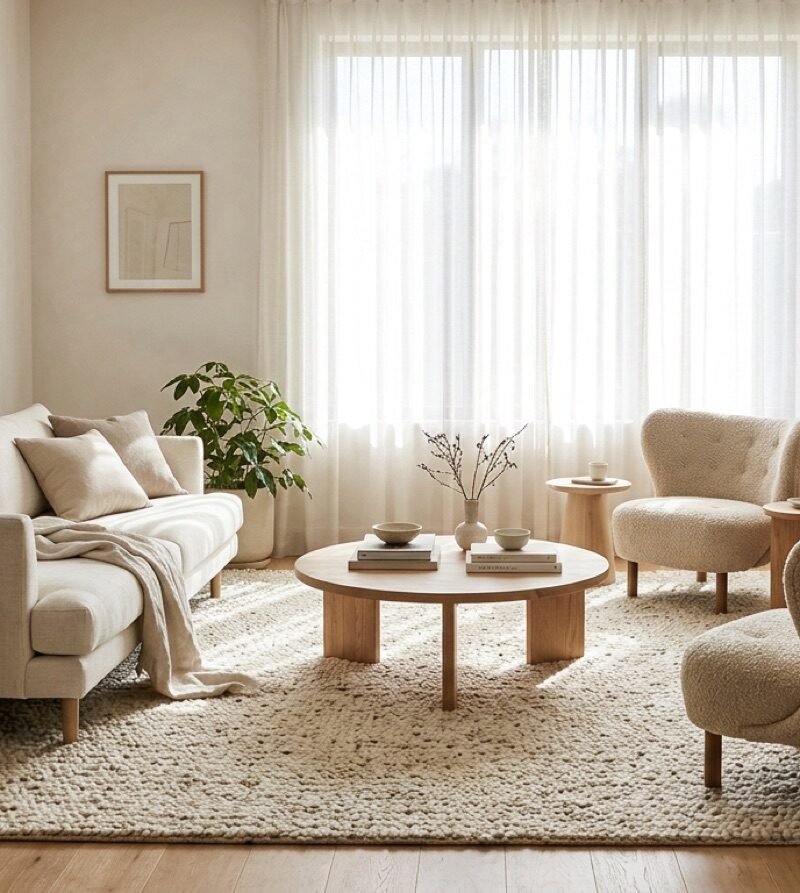 Living room with a sofa and two armchairs arranged around a large rug and a low coffee table
