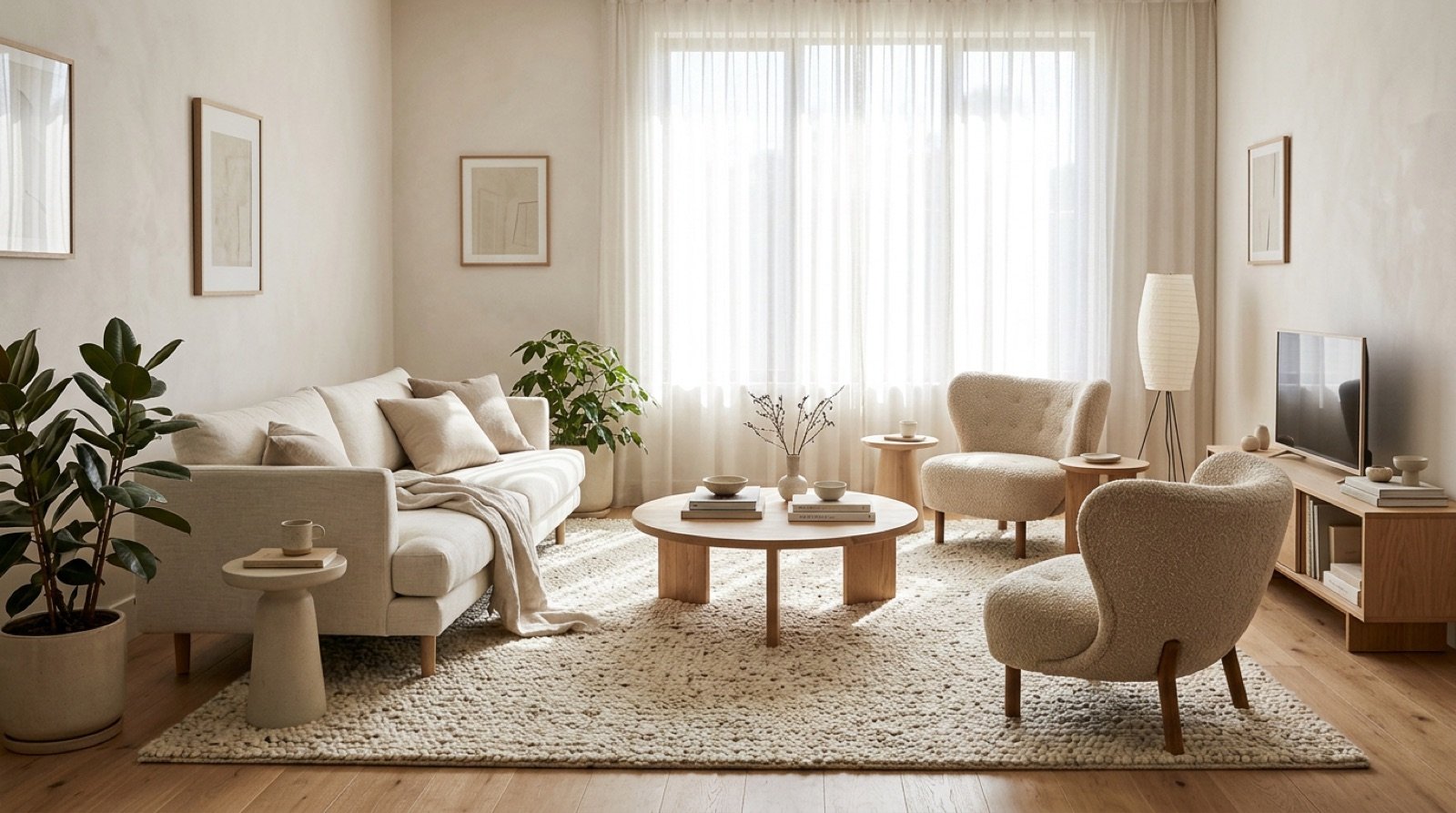 Living room with a sofa and two armchairs arranged around a large rug and a low coffee table