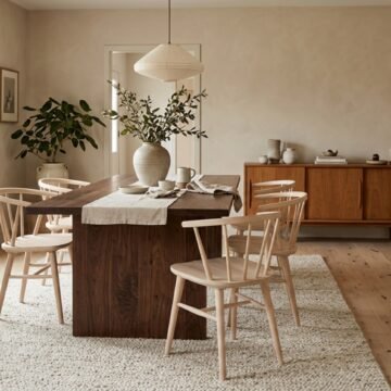 Dining room with a pale oak floor, a dark walnut table and lighter wooden chairs