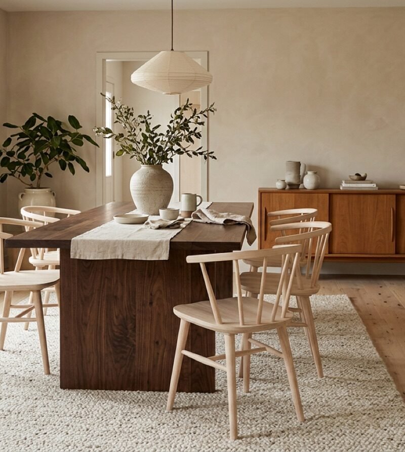Dining room with a pale oak floor, a dark walnut table and lighter wooden chairs