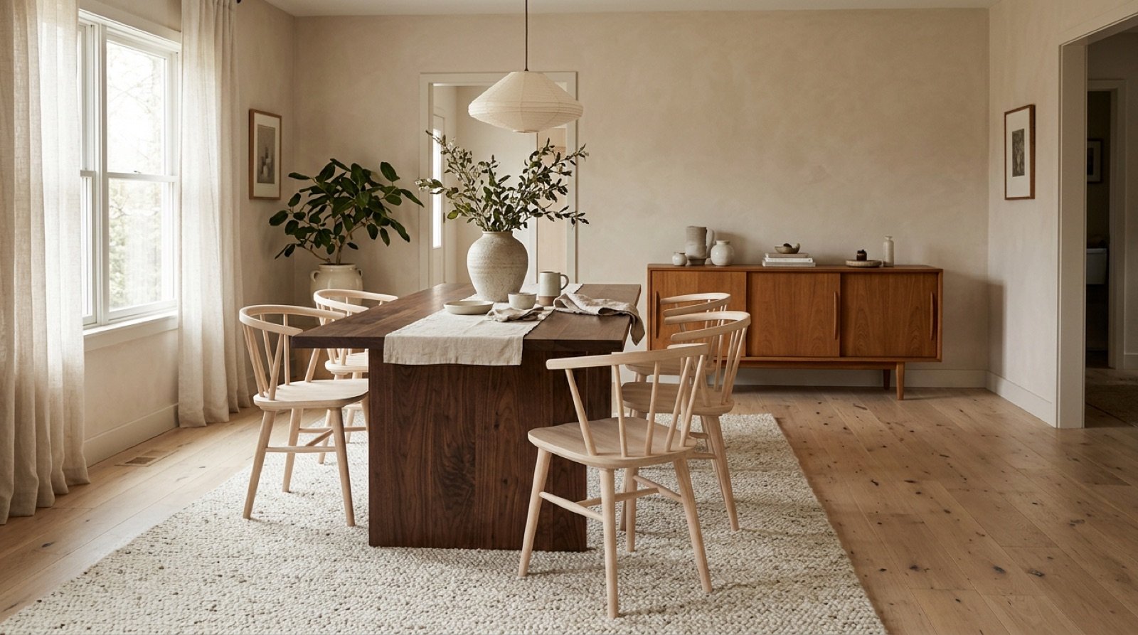 Dining room with a pale oak floor, a dark walnut table and lighter wooden chairs
