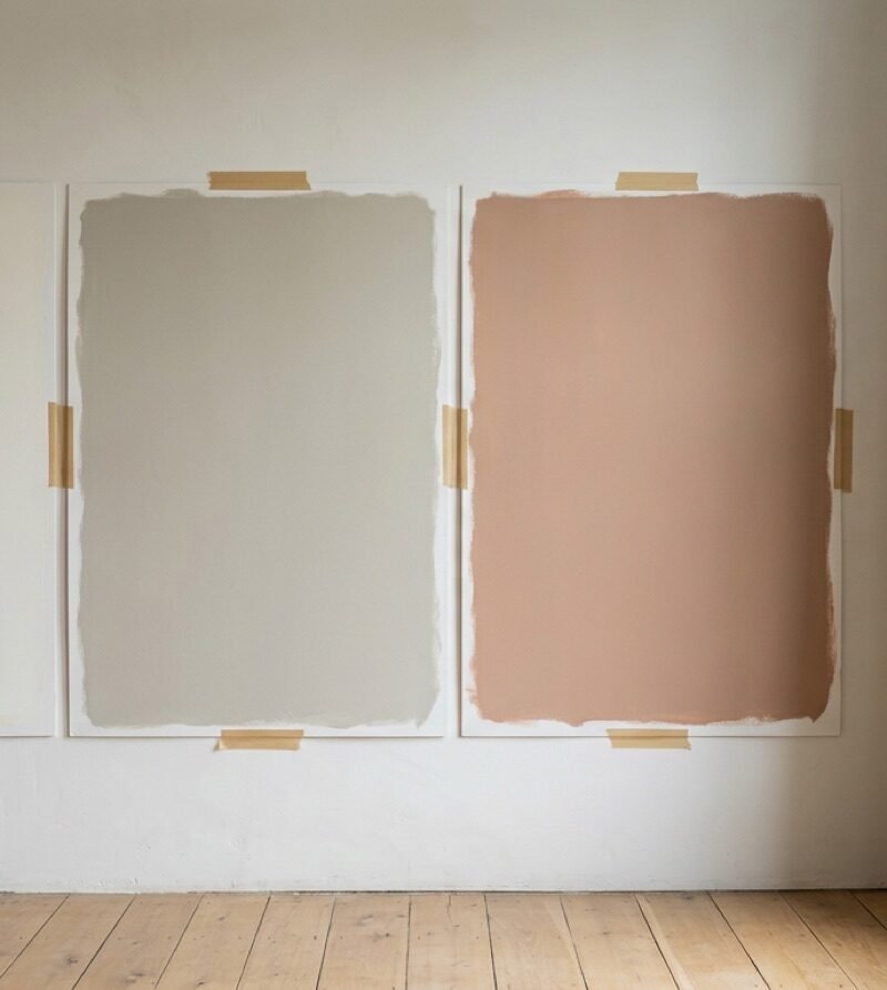 Paint sample boards taped to a wall beside a window in soft daylight