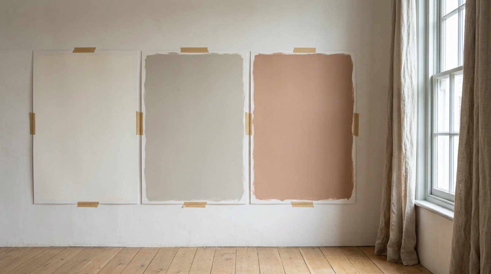 Paint sample boards taped to a wall beside a window in soft daylight