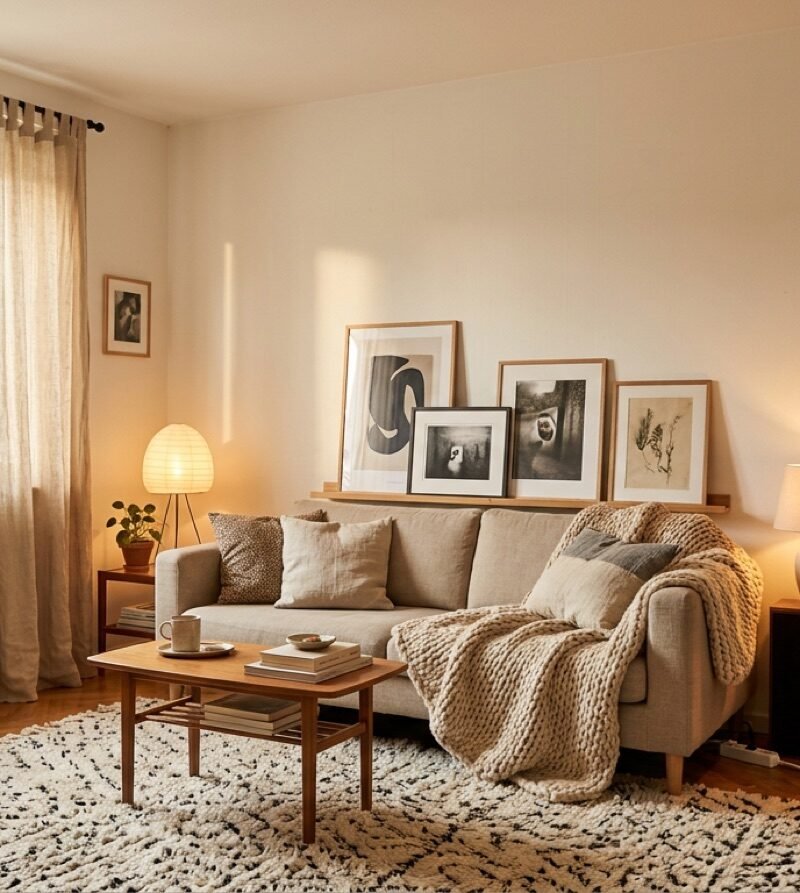 Rented apartment living room made cozy with a large rug, lamps, plants and art leaning on a shelf