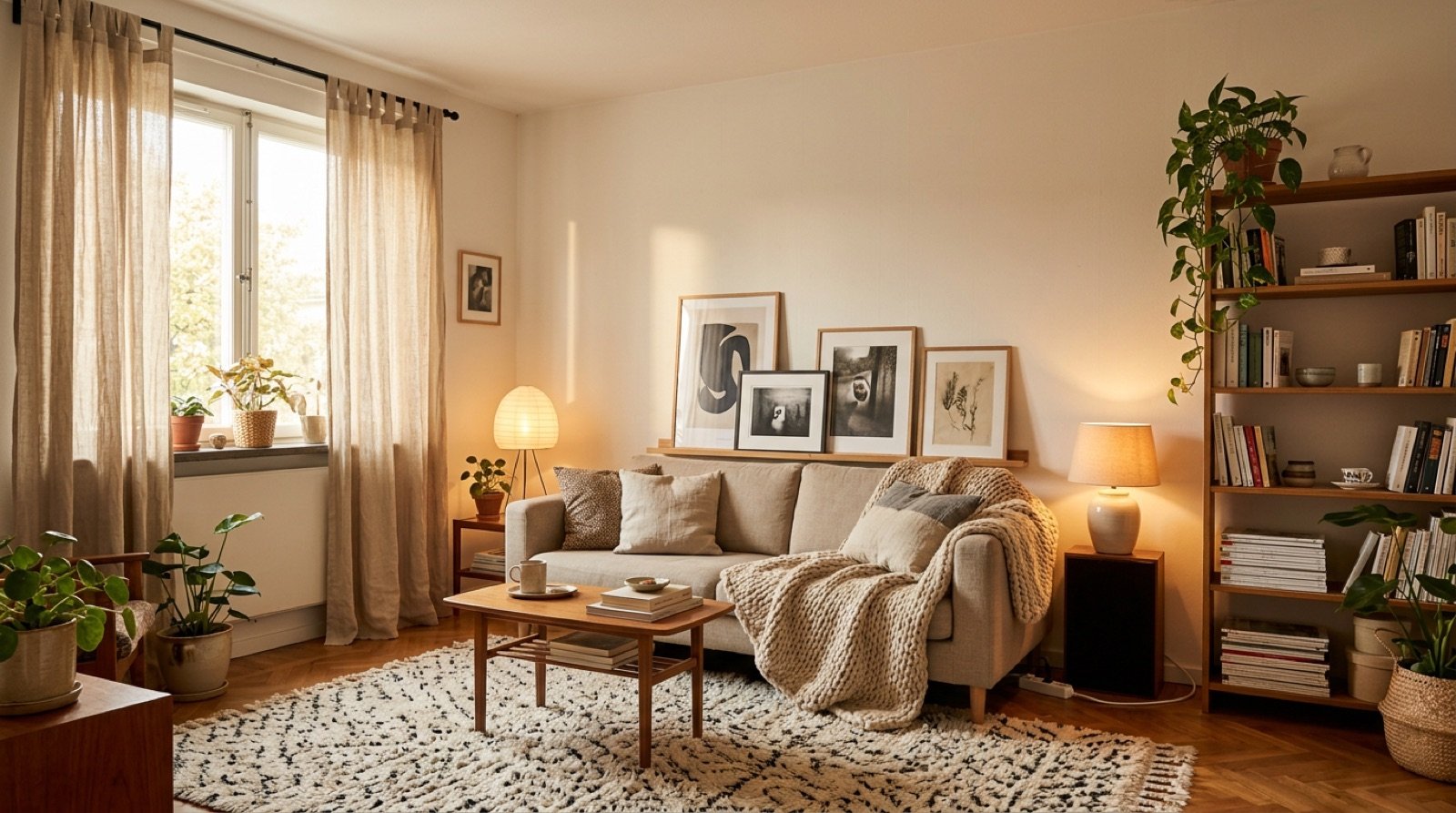 Rented apartment living room made cozy with a large rug, lamps, plants and art leaning on a shelf