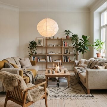 Warm Scandinavian living room with pale wood, wool textiles and a paper pendant lamp
