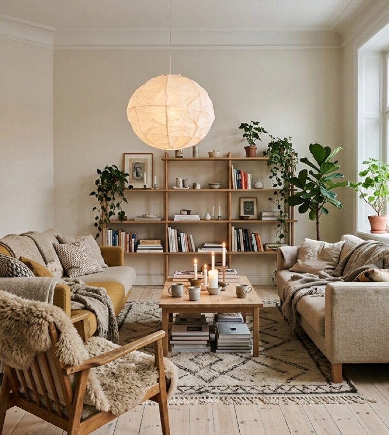 Warm Scandinavian living room with pale wood, wool textiles and a paper pendant lamp