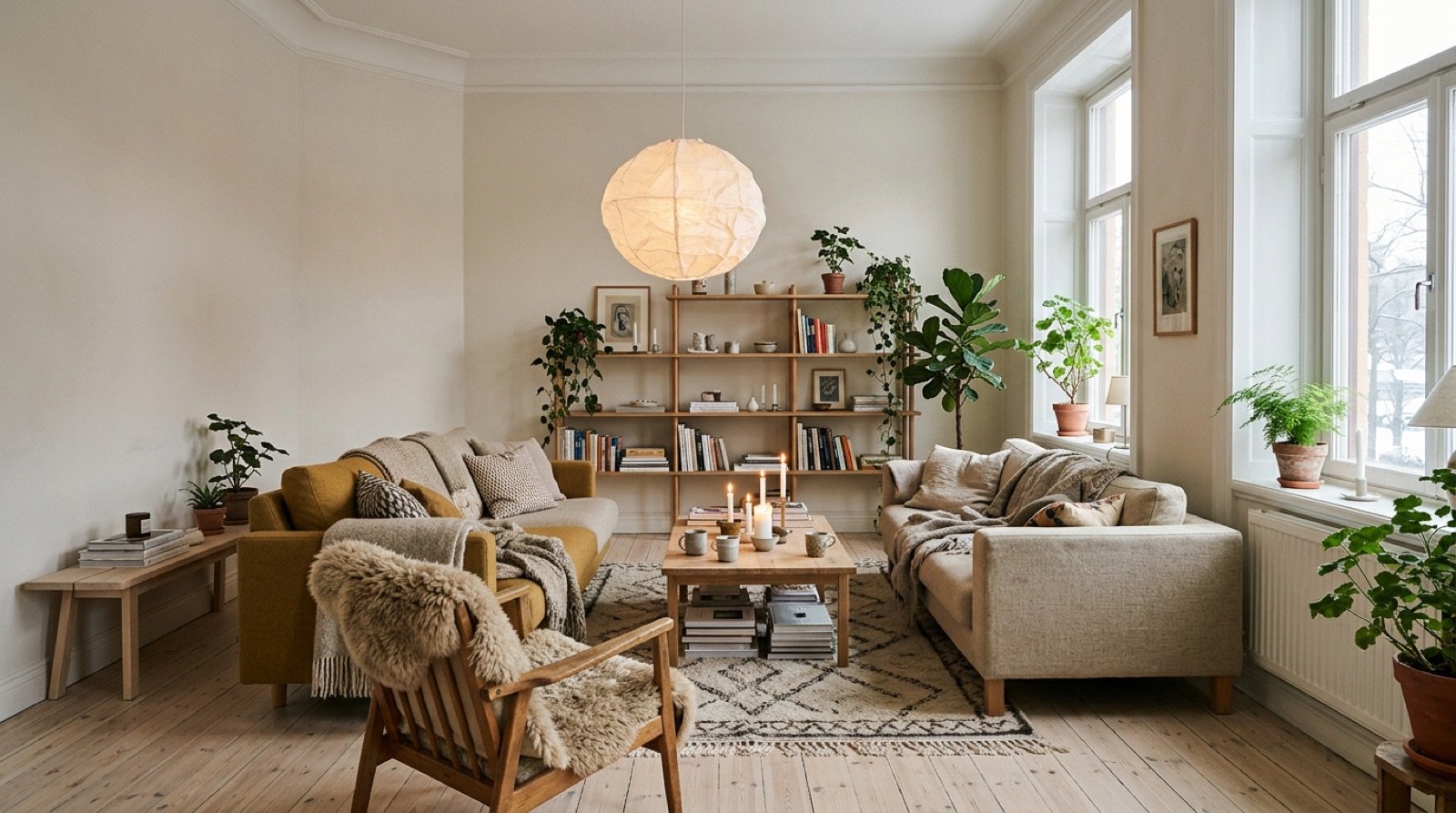 Warm Scandinavian living room with pale wood, wool textiles and a paper pendant lamp