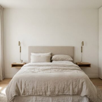 Small calm bedroom with a bed centred on the wall, wall-mounted reading lights and built-in wardrobes