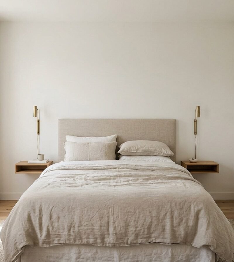 Small calm bedroom with a bed centred on the wall, wall-mounted reading lights and built-in wardrobes