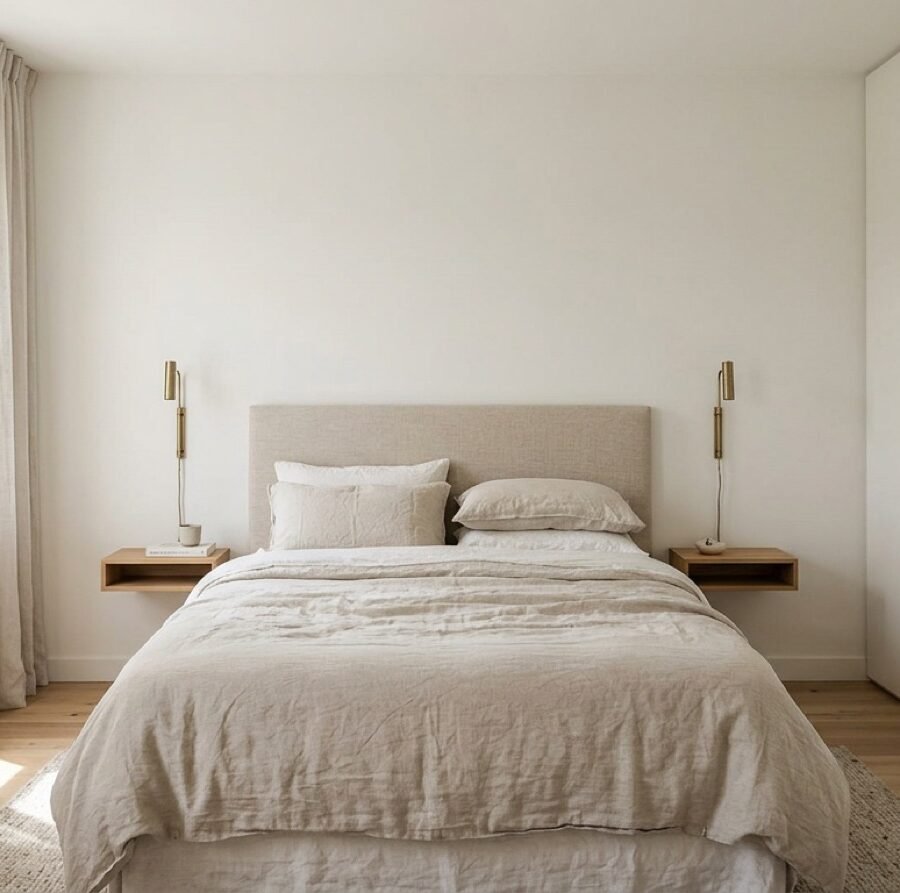 Small calm bedroom with a bed centred on the wall, wall-mounted reading lights and built-in wardrobes