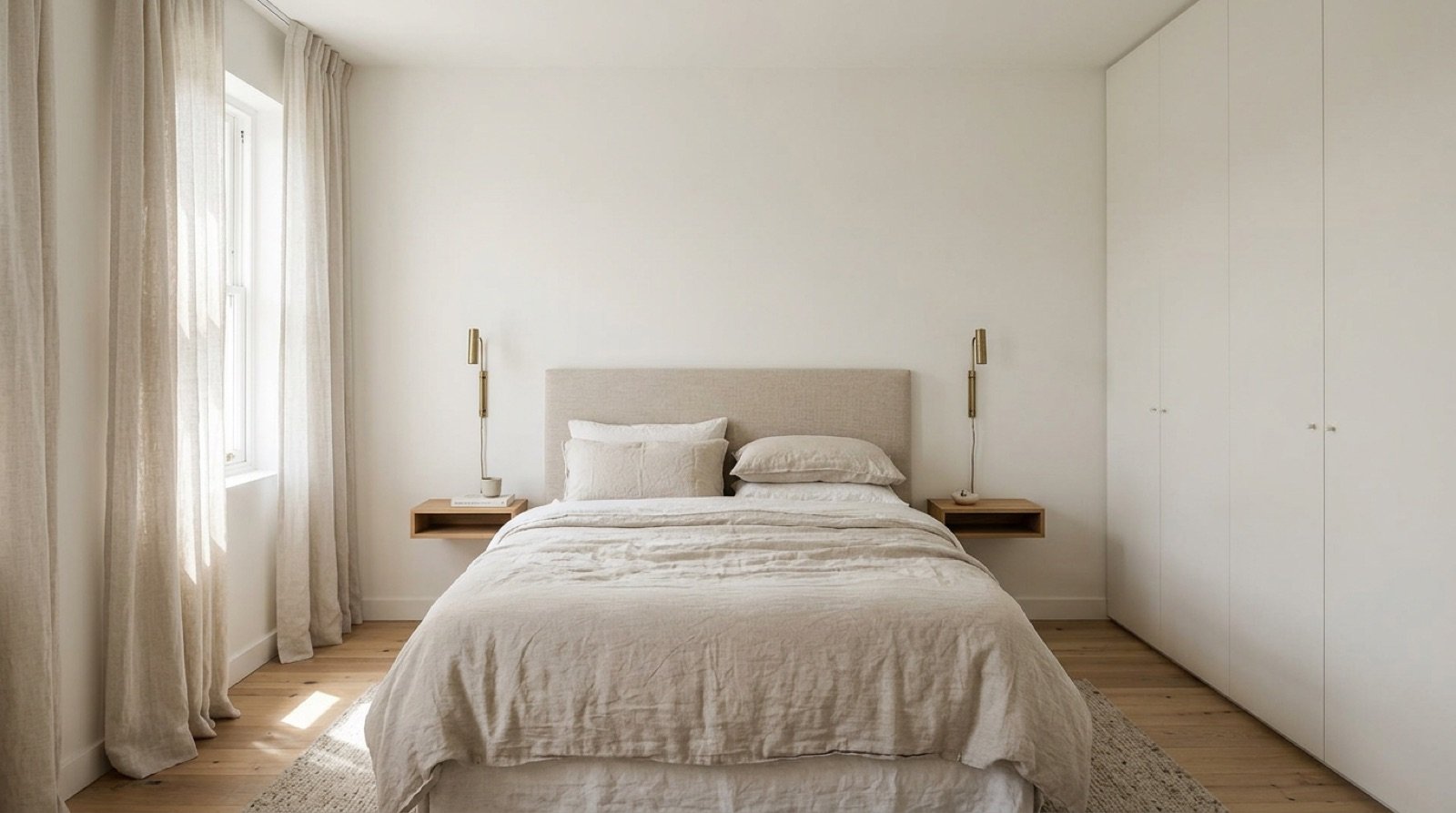 Small calm bedroom with a bed centred on the wall, wall-mounted reading lights and built-in wardrobes