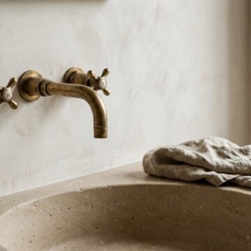 Aged brass tap over a stone basin against a soft limewashed wall