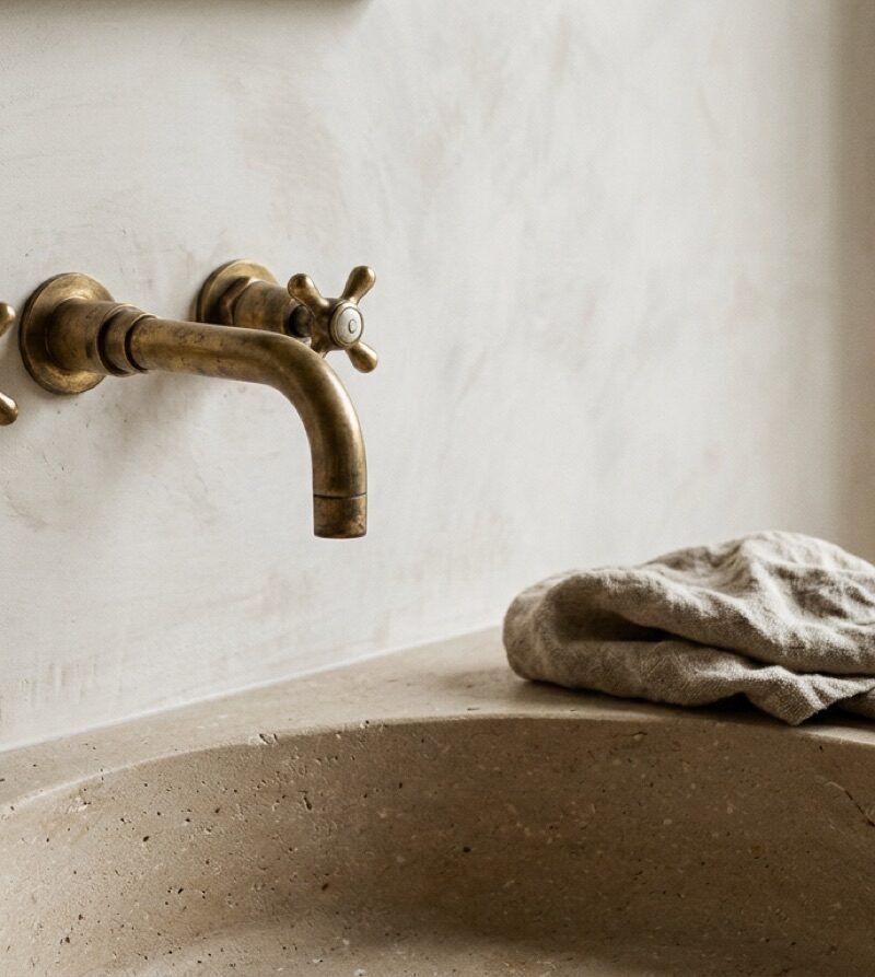 Aged brass tap over a stone basin against a soft limewashed wall