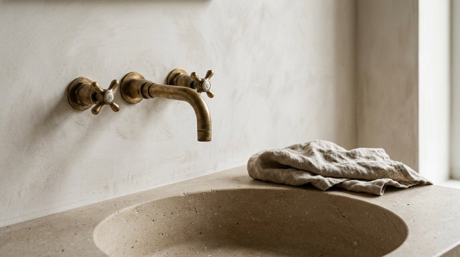 Aged brass tap over a stone basin against a soft limewashed wall