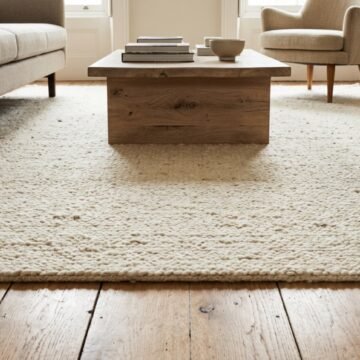 Large textured wool rug under a sofa and armchairs with the front legs resting on it