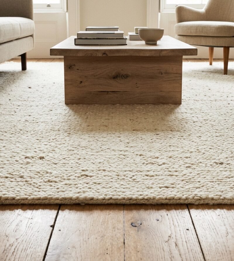 Large textured wool rug under a sofa and armchairs with the front legs resting on it