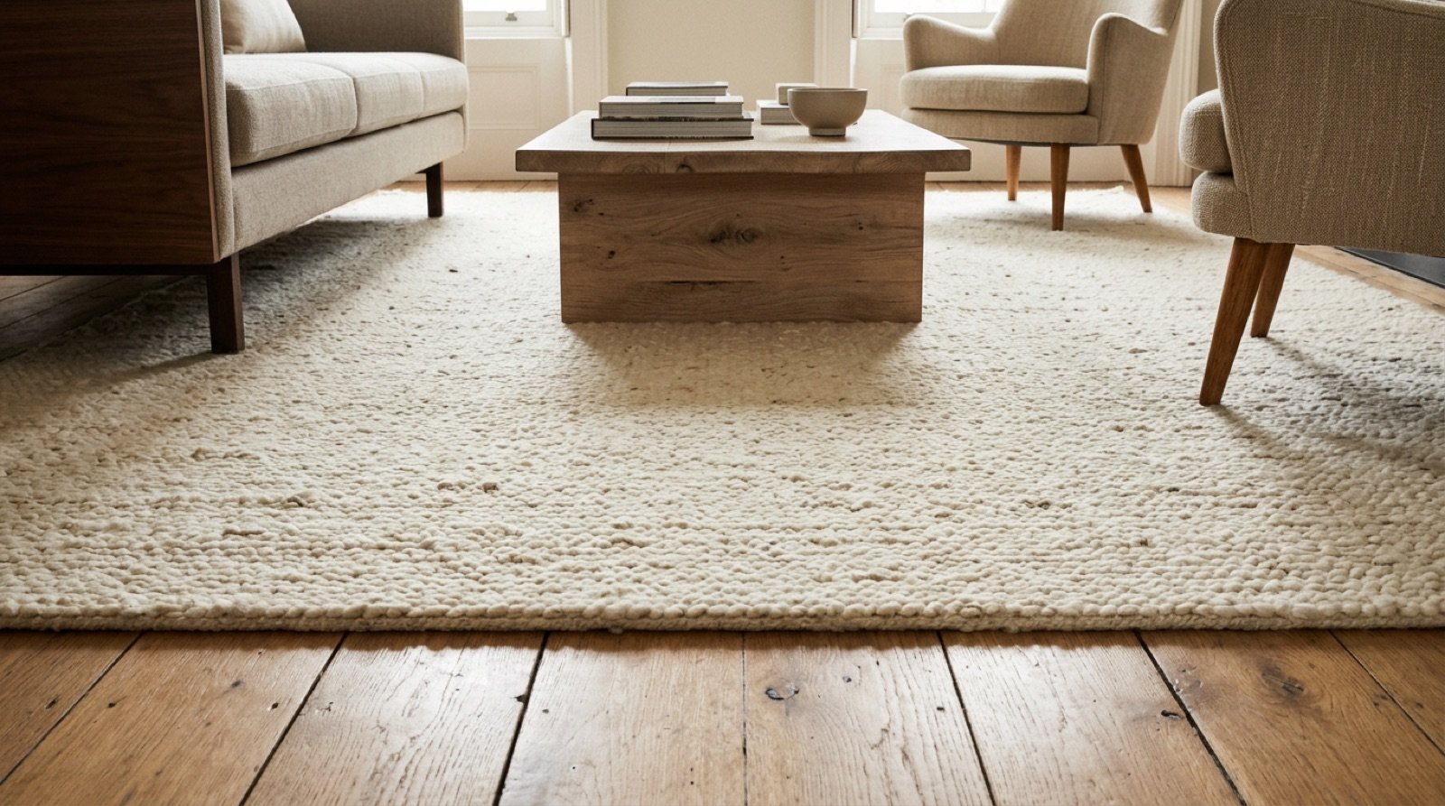 Large textured wool rug under a sofa and armchairs with the front legs resting on it